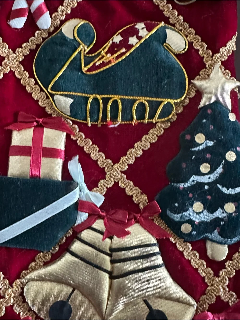 World Bazaar Velvet Christmas Stocking Gold Braid 3D Applique Kitsch Pair  READ